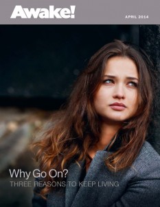 The cover of the April 2014 edition of 'Awake!' magazine, displaying only the magazine's title and date, an image of an attractive young woman looking off to one side, and a teaser for an article inside 'Why Go On?: Three reasons to keep living'