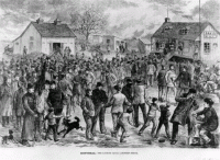 [Drawing of strikers milling about during the Lachine Canal strike of 1878.]